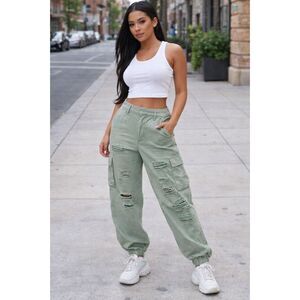 Forever 21 Ripped Cargo Joggers Blue / Mint Green, High Rise 100% Cotton